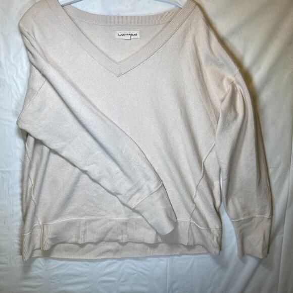 Lucky Brand V-Neck Fleece Sweater Sweatshirt Pullover Cream Women's Size Medium - Picture 4 of 9